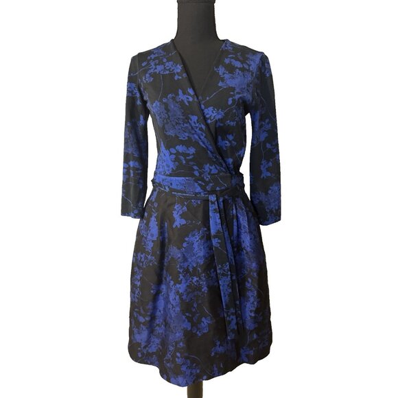 DVF Diane Von Furstenberg Valerie Wrap Dress 6 Small Blue Black Wool Silk Cotton - Picture 2 of 16